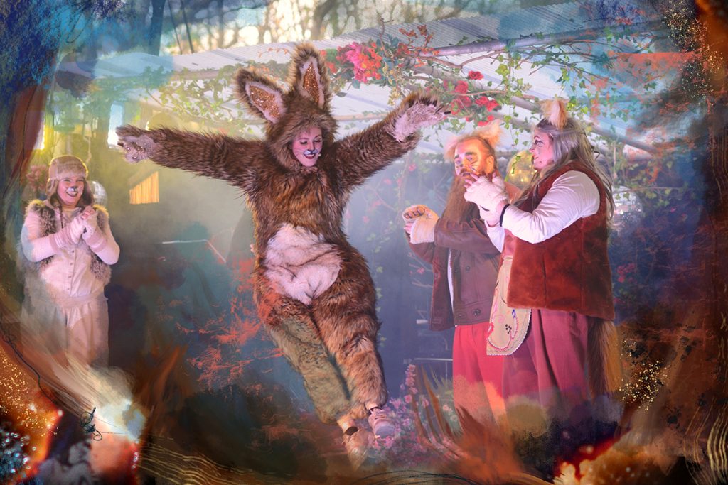 image of three people from the Rogue Theatre dressed up as characters including a bunny for an Easter performance called Wild Awake 24 outdoors in the woods