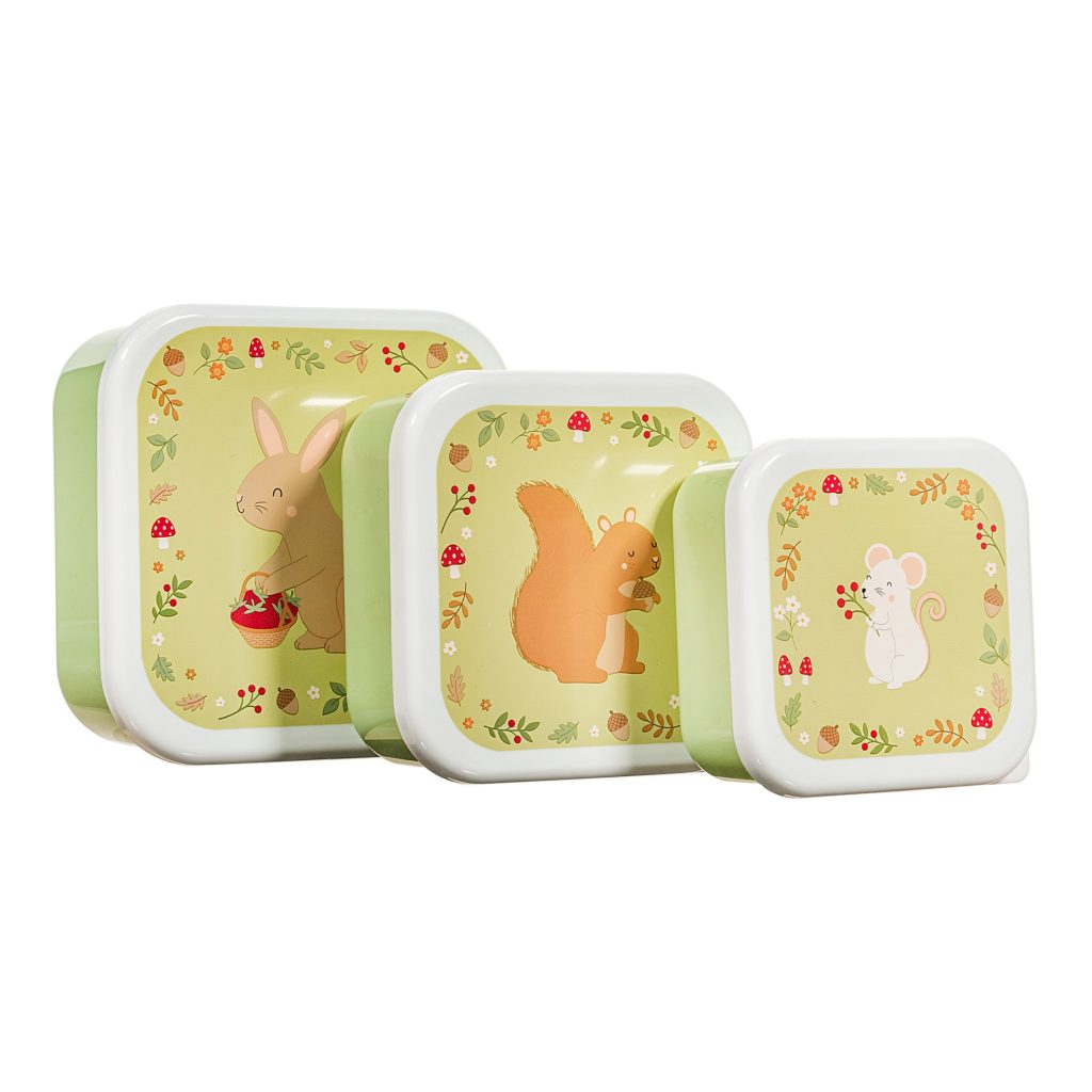 A photograph on a white background of Sass & Belle Set of 3 Lunch Boxes which are in 3 different sizes so as to stack inside each other and each one has a different garden friends illustration one of a Squirrel and one of a bunny and one of a mouse