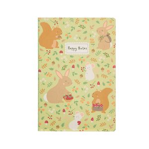 A photograph on a white background of a Sass & Belle Garden Friends A5 Notebook. It has a green background with illustrations of mice and bunnies and squirrels and toadstools and flowers and leaves and it has the words Happy Notes on it