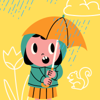 illustration on a bright yellow background of a little girl wearing a green hooded coat and orange skirt under an orange umbrella in the rain