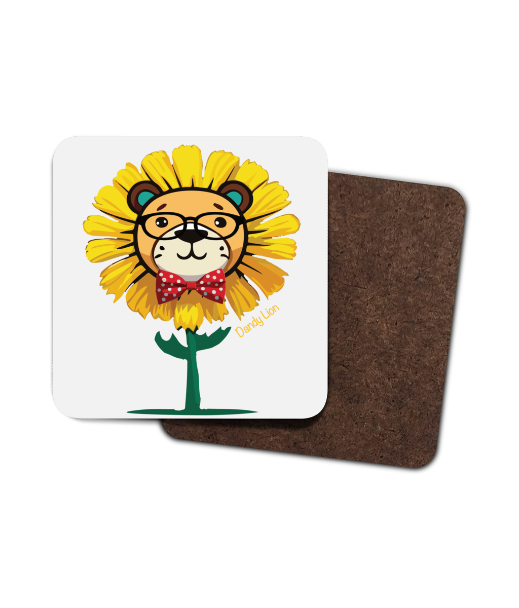 A photograph of a white coaster with a printed illustration of a dandelion with a lions face, wearing glasses and a bow tie and the words Dandy Lion and showing the base
