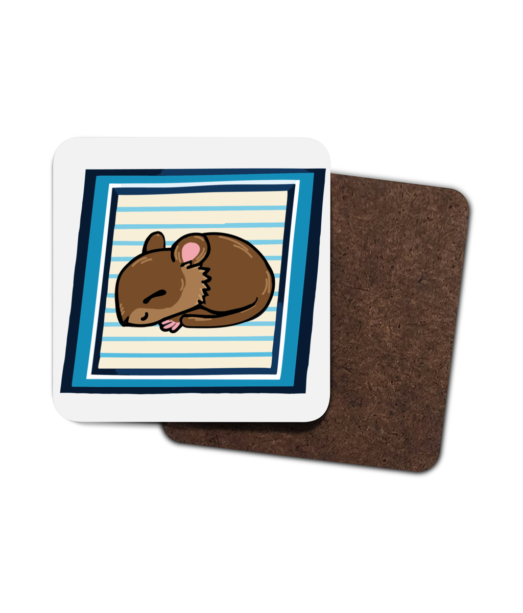 A photograph of a single white coaster with a printed illustration of a brown baby vole on a blue and white striped rectangular background and showing the backing