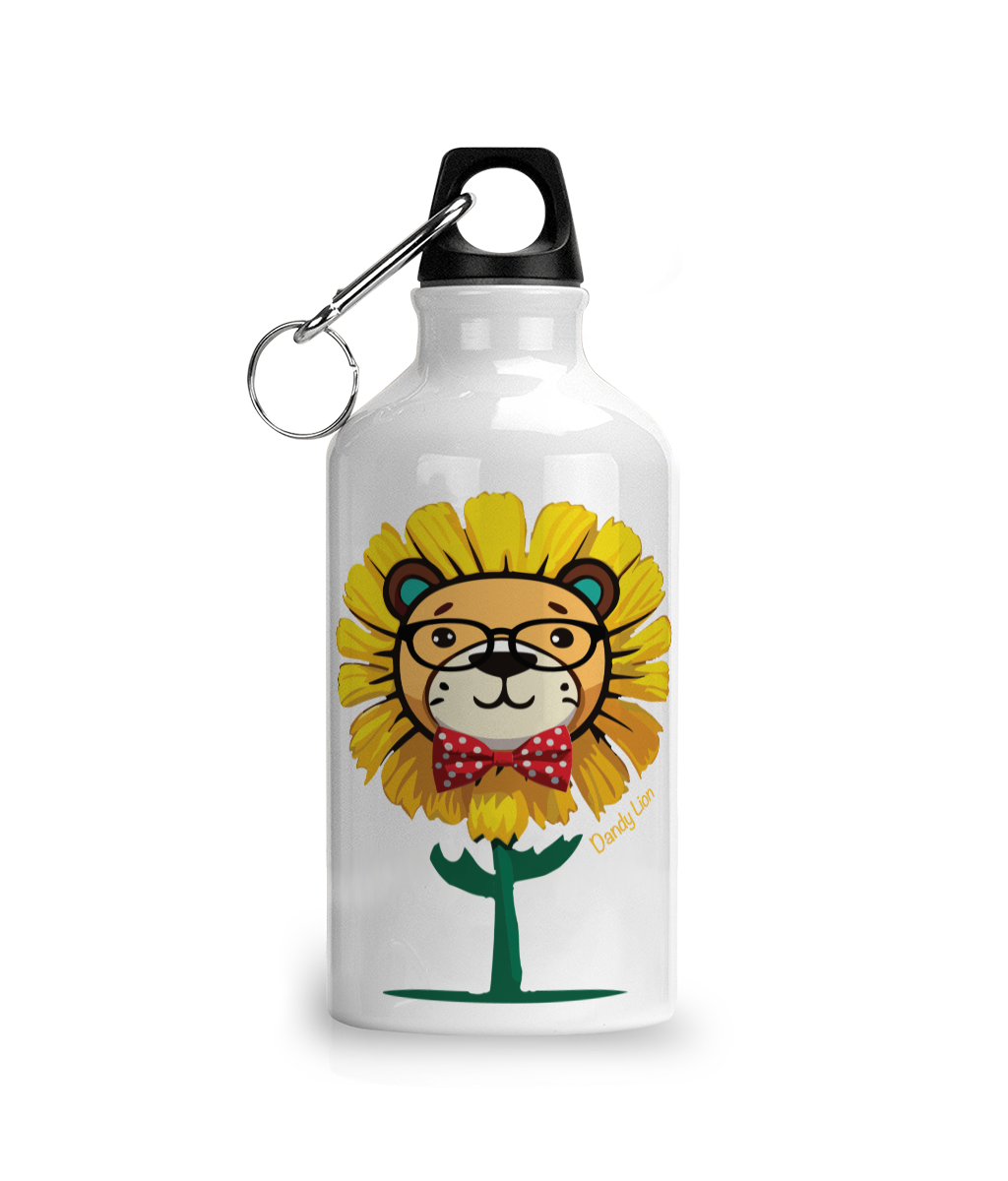 A photograph of a white drinks bottle with a carabiner keyring attachment with a printed illustration of a dandelion with a lions face, wearing glasses and a bow tie and the words Dandy Lion