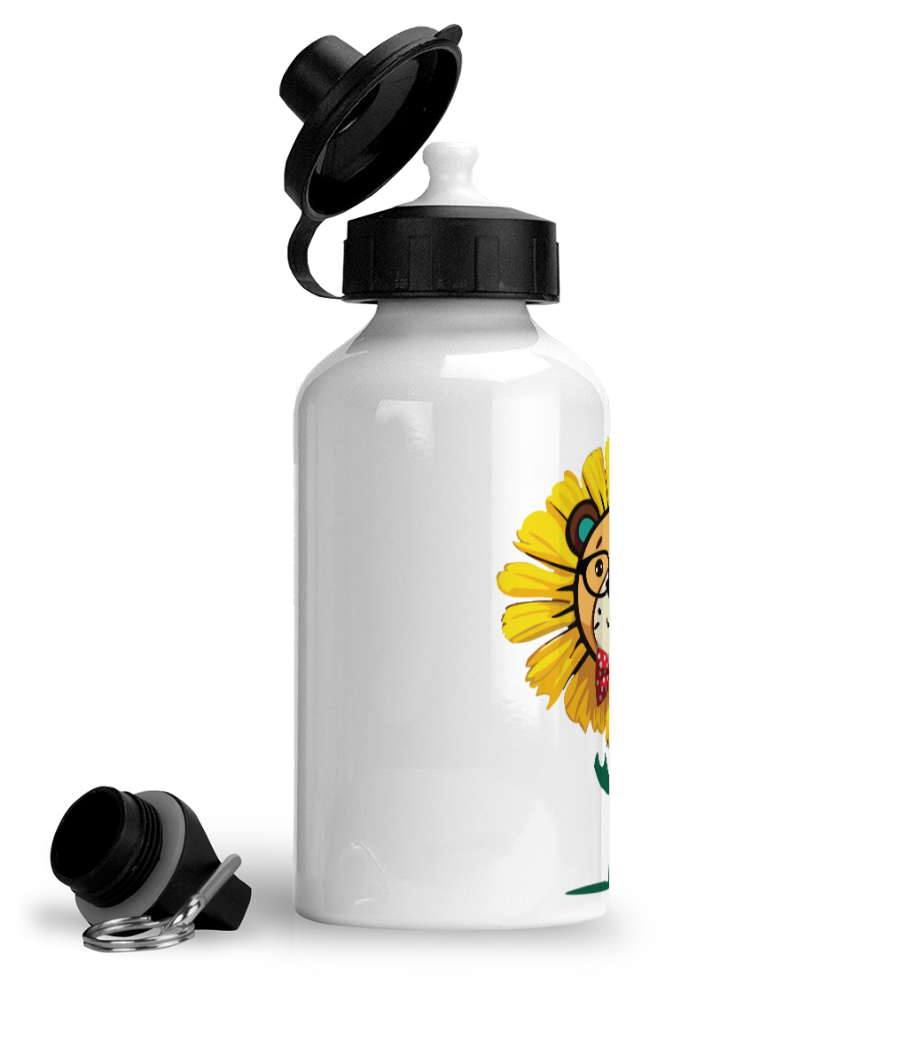 A photograph of a white drinks bottle with part of a printed illustration visible of a dandelion with a lions face, wearing glasses and a bow tie showing 2 different lids to use with the bottle