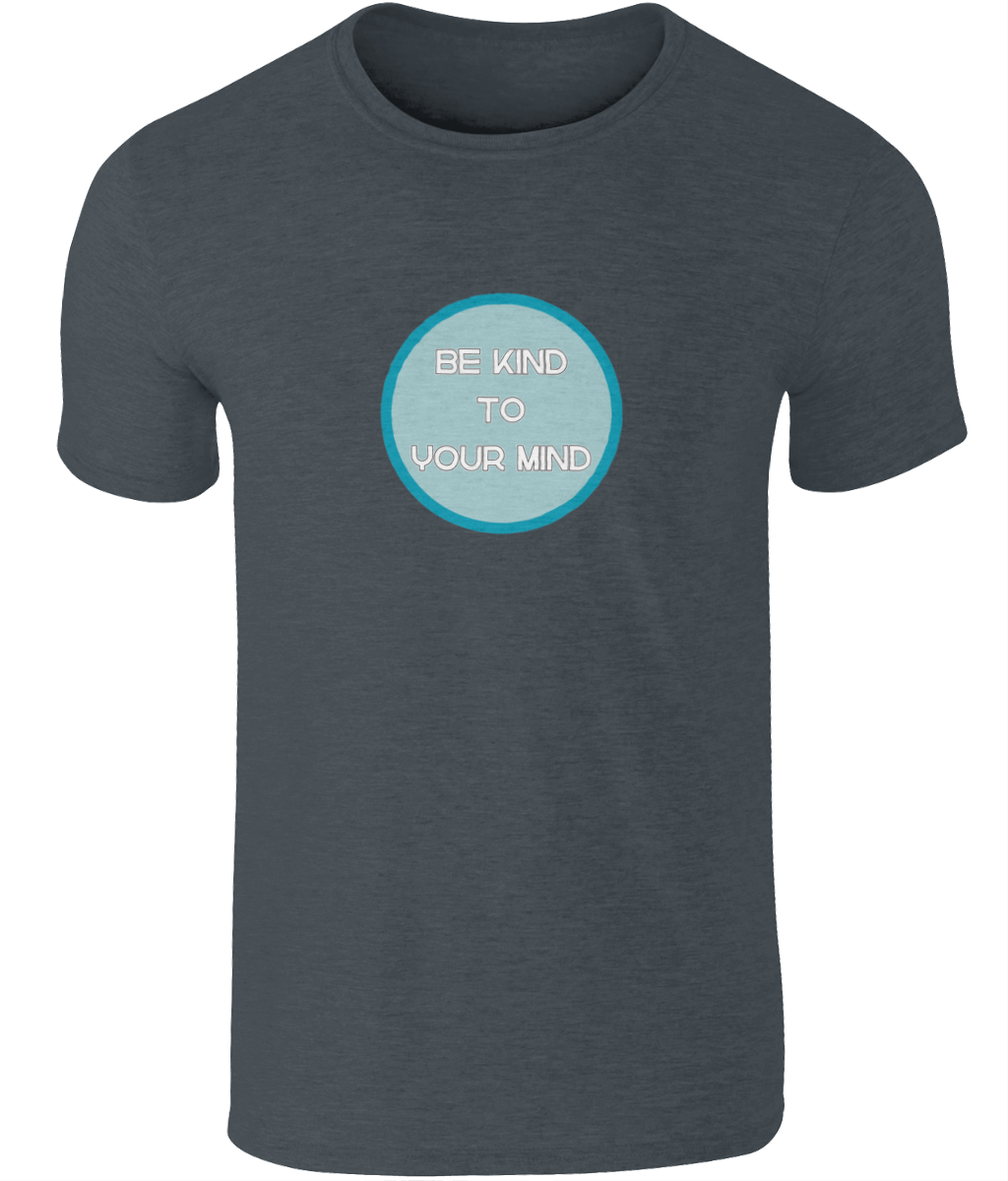 A photo of a charcoal mens t-shirt with a round Be Kind to Your Mind design