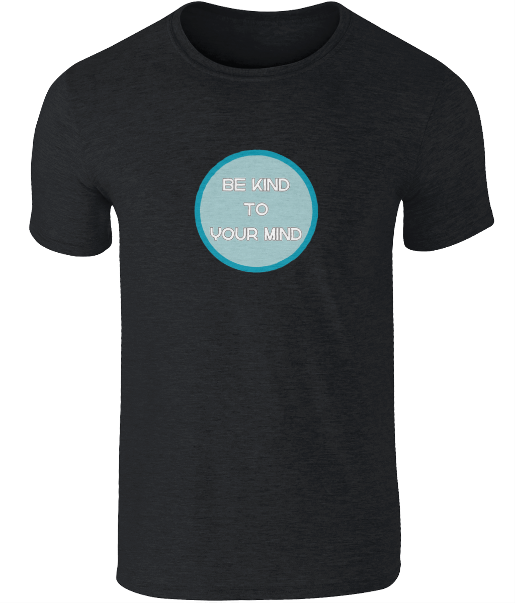 A photo of a black mens t-shirt with a round Be Kind to Your Mind design