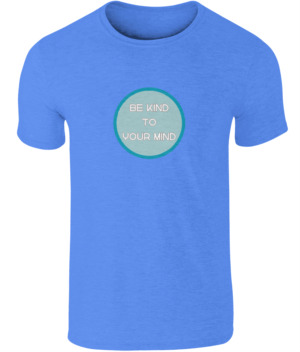 A photo of a heather royal blue mens t-shirt with a round Be Kind to Your Mind design
