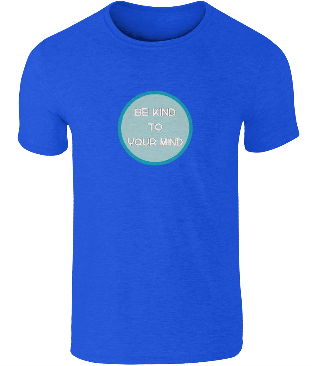 A photo of a royal blue mens t-shirt with a round Be Kind to Your Mind design