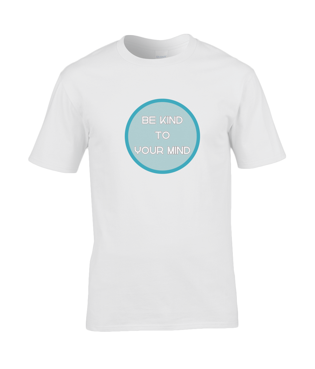 A photo of a white mens t-shirt with a round Be Kind to Your Mind design