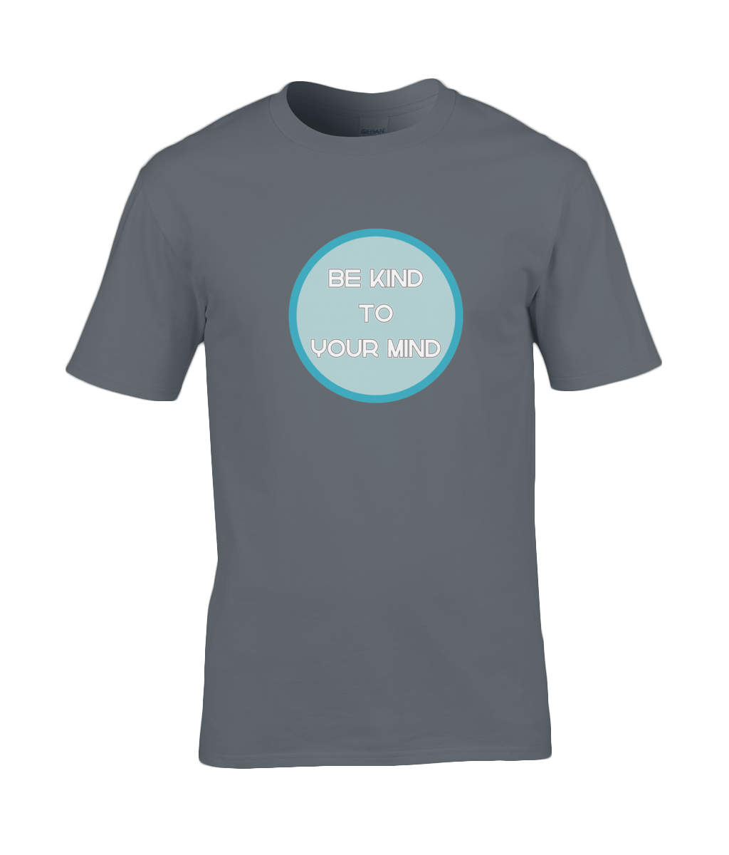 A photo of a grey mens t-shirt with a round Be Kind to Your Mind design