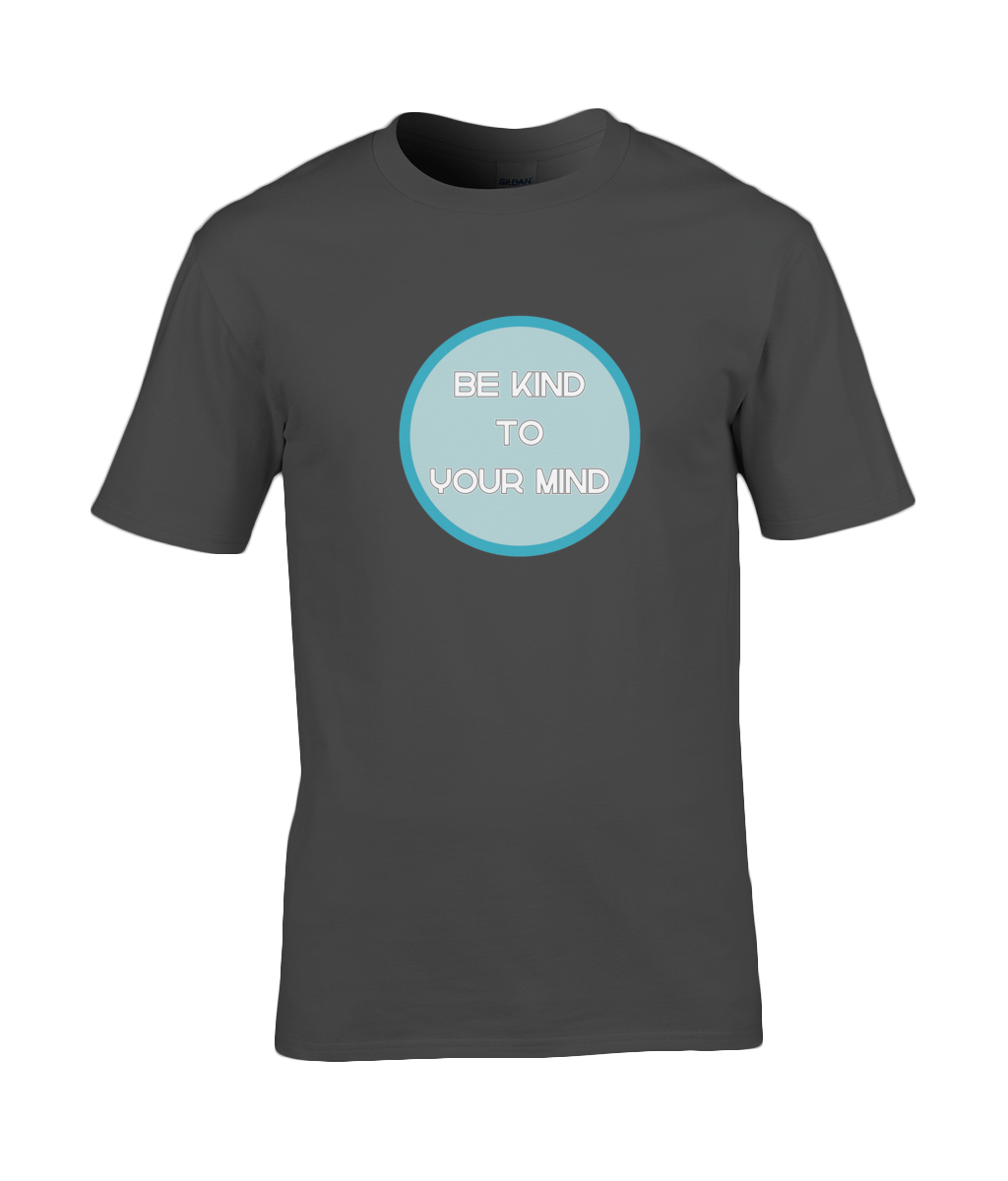 A photo of a dark grey mens t-shirt with a round Be Kind to Your Mind design