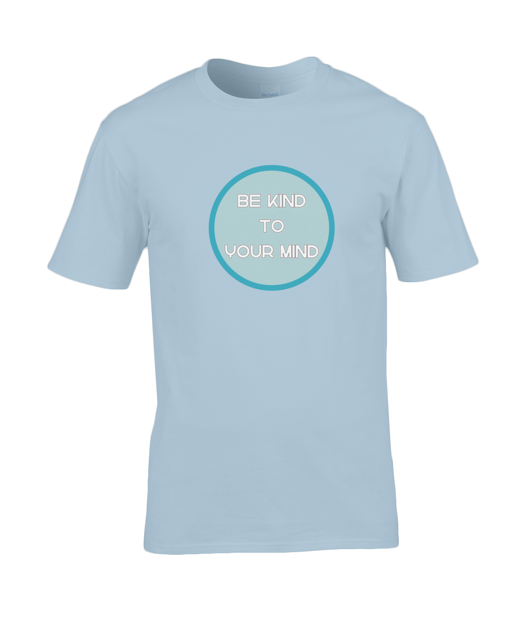 A photo of a pale blue mens t-shirt with a round Be Kind to Your Mind design