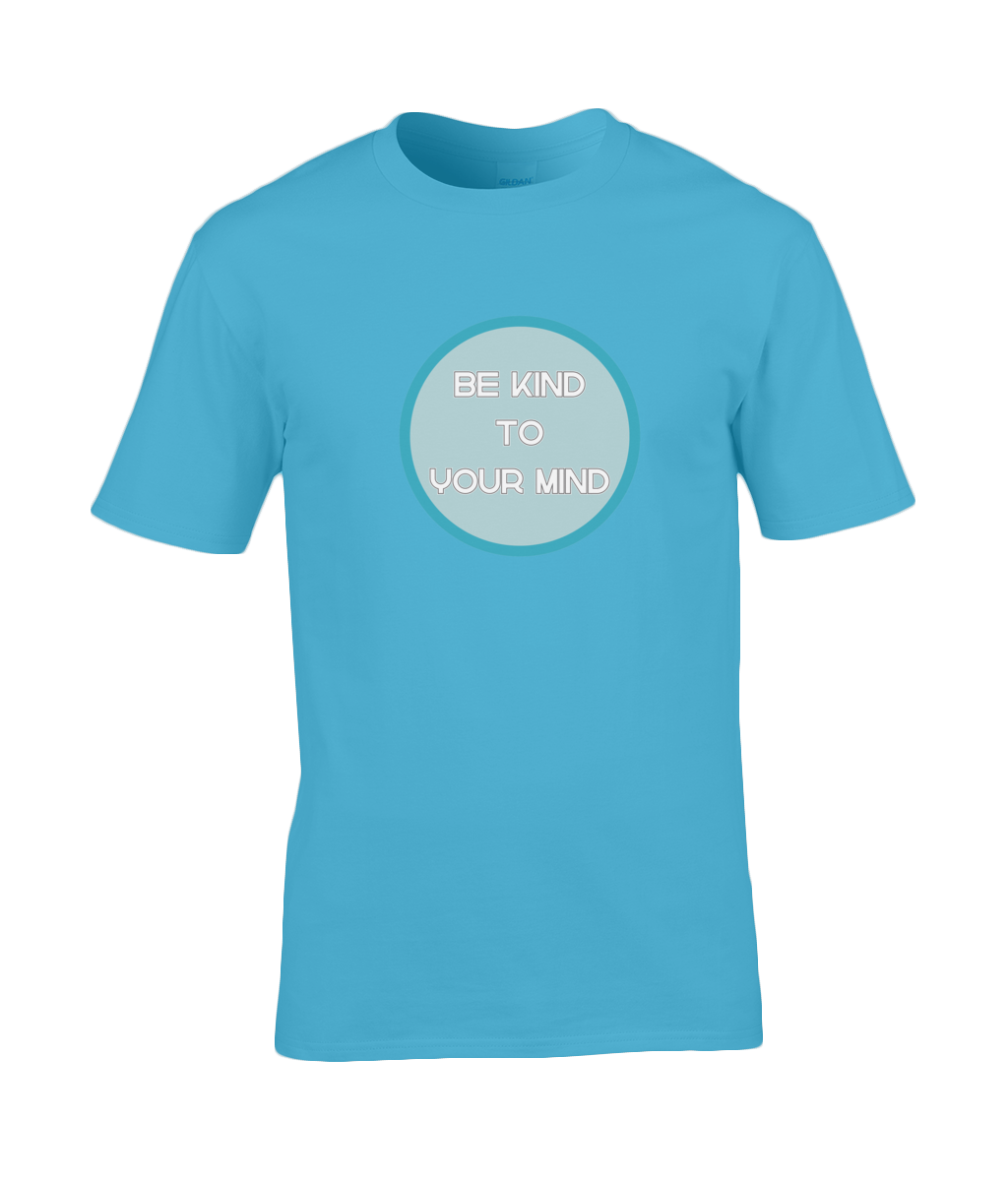 A photo of a sky blue mens t-shirt with a round Be Kind to Your Mind design