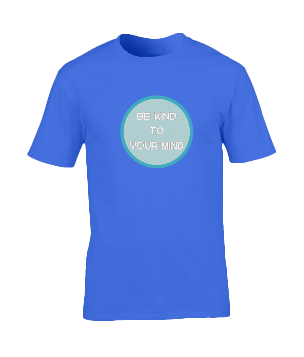 A photo of a bright blue mens t-shirt with a round Be Kind to Your Mind design