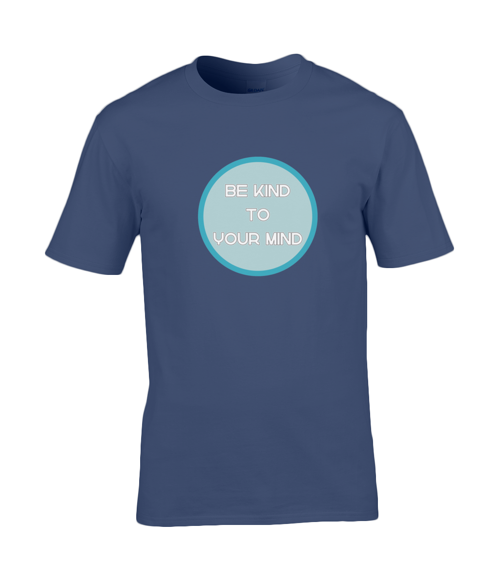 A photo of an airforce blue mens t-shirt with a round Be Kind to Your Mind design