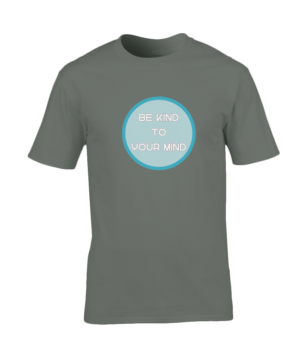 A photo of a khaki green mens t-shirt with a round Be Kind to Your Mind design