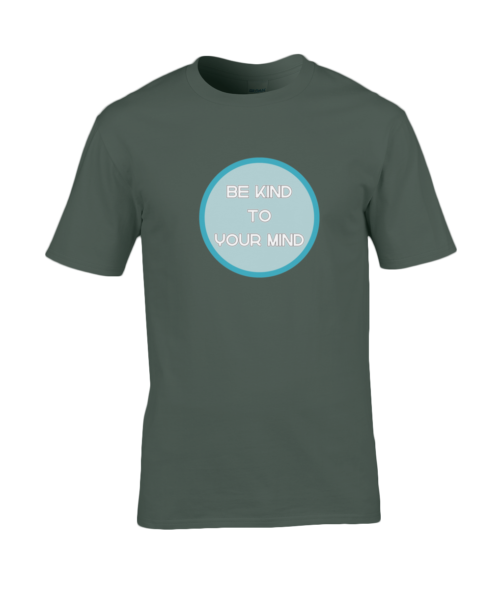 A photo of a combat green mens t-shirt with a round Be Kind to Your Mind design
