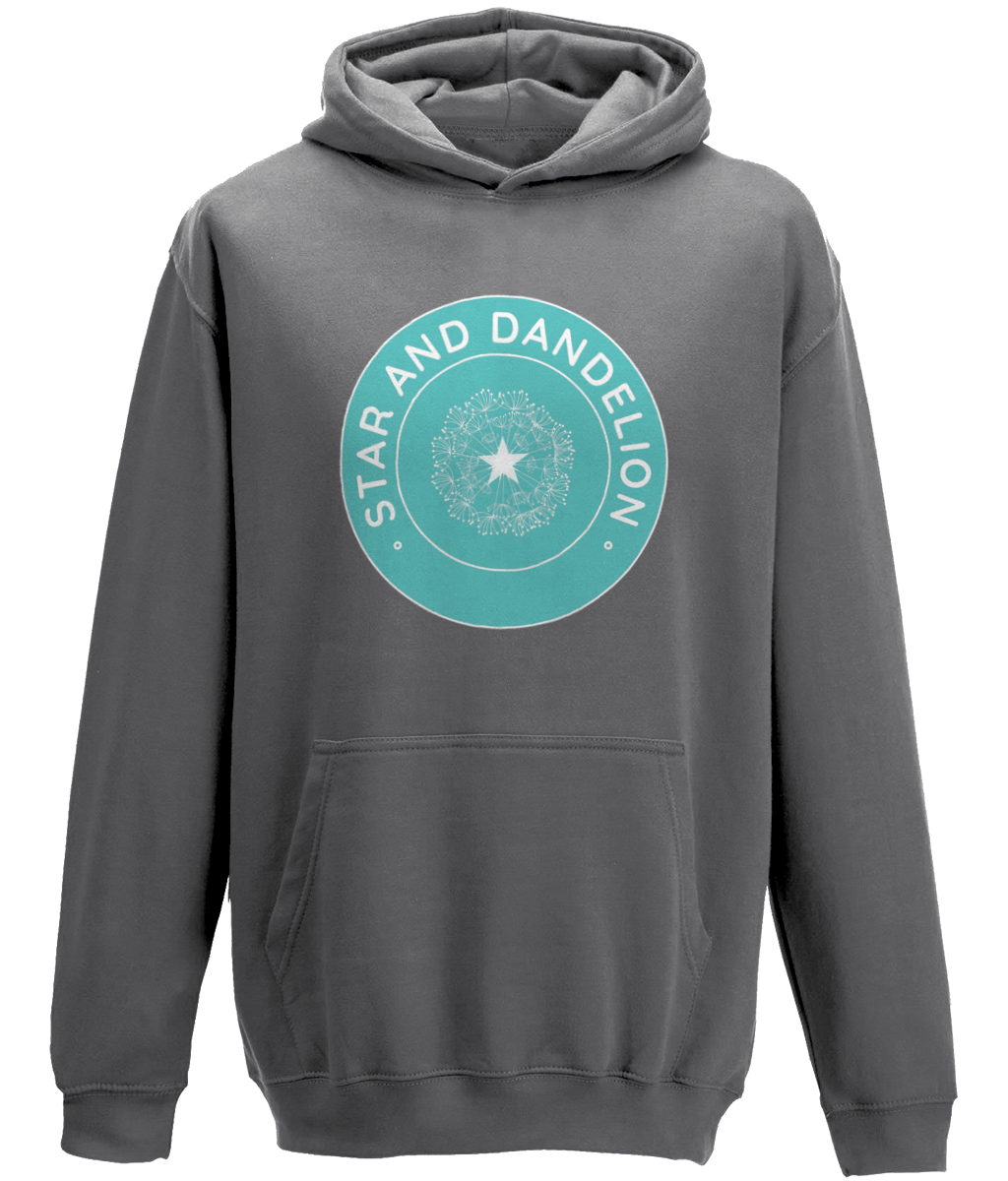 A photograph of a grey hoodie with a large front pocket and round turquoise Star and Dandelion logo