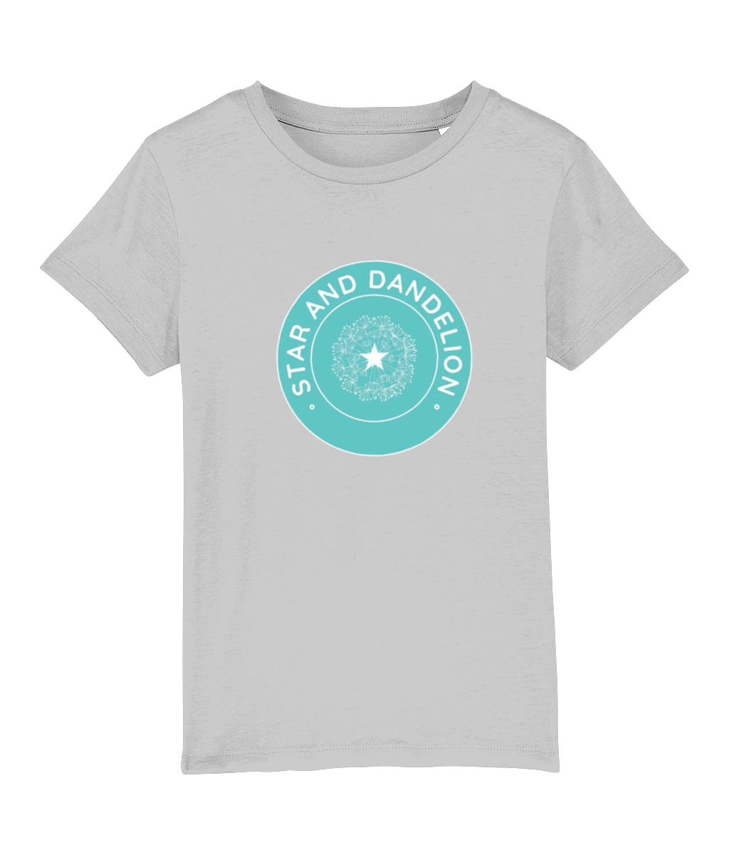 A photograph of a pale grey tshirt with a Star and Dandelion logo