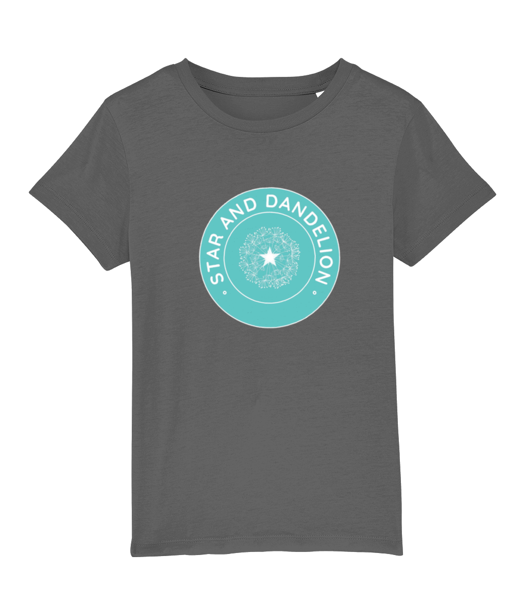 A photograph of a dark grey tshirt with a Star and Dandelion logo