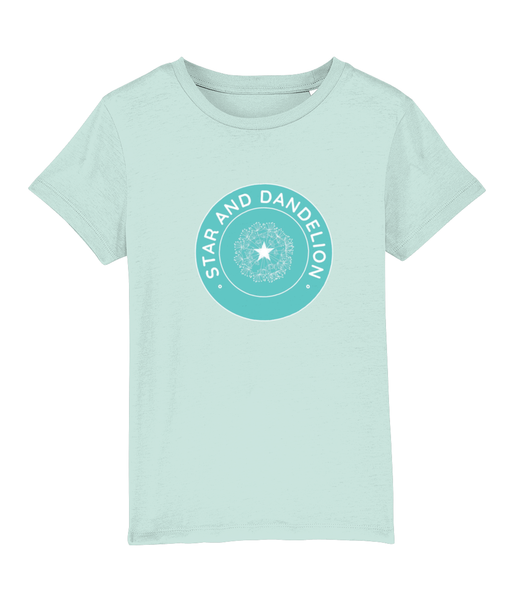 A photograph of a pale turquoise green tshirt with a Star and Dandelion logo