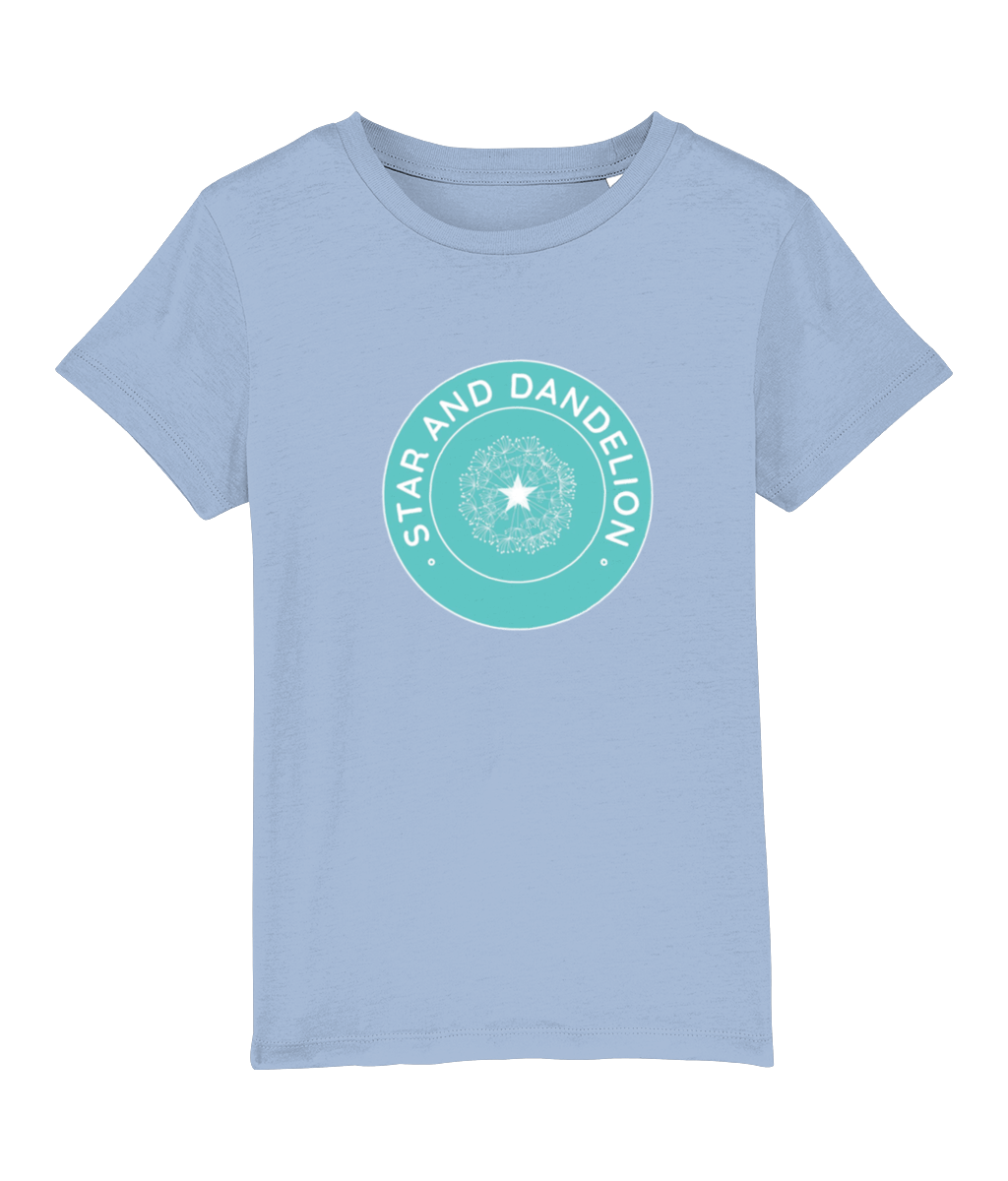 A photograph of a light blue tshirt with a Star and Dandelion logo
