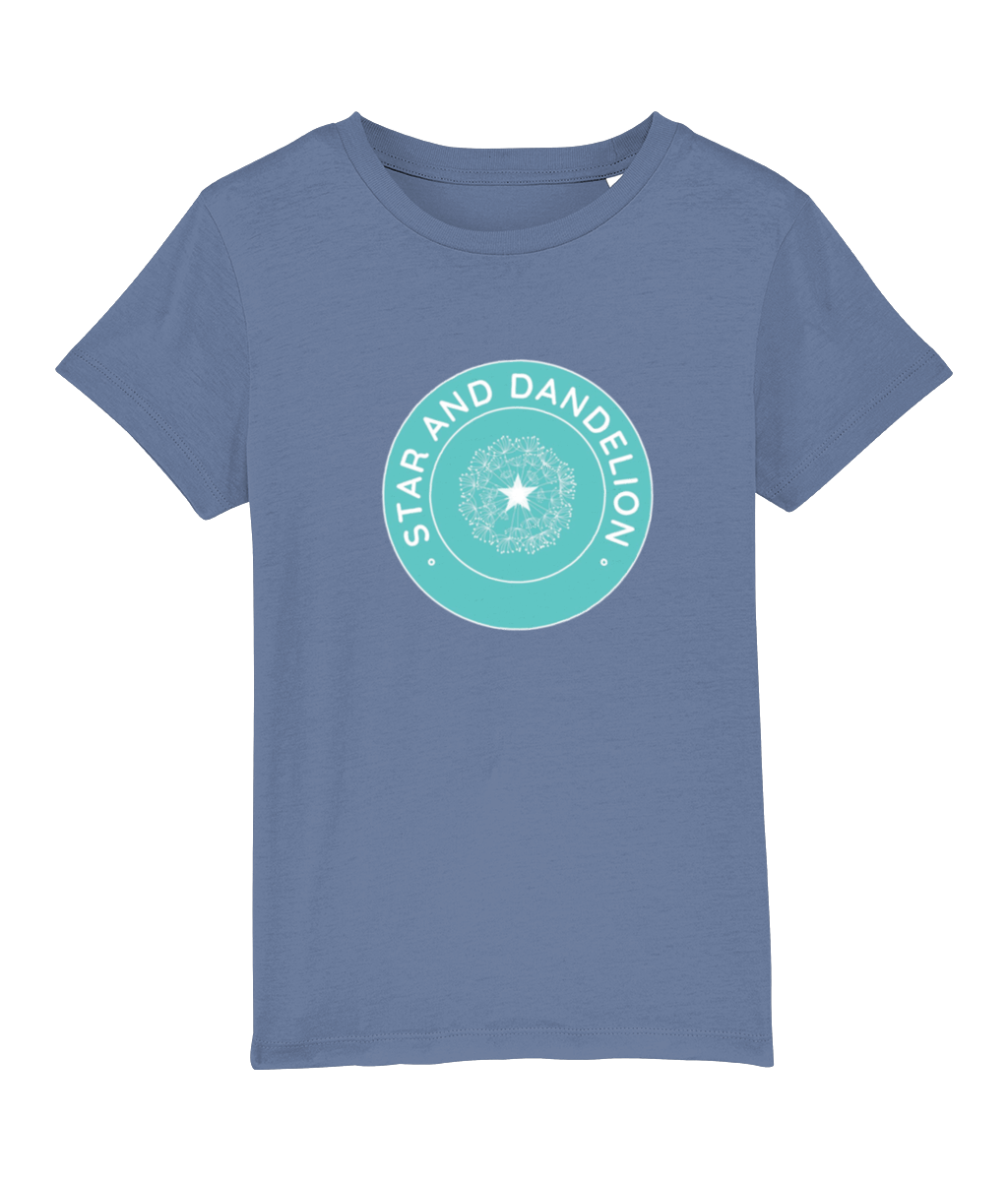 A photograph of a airforce blue tshirt with a Star and Dandelion logo