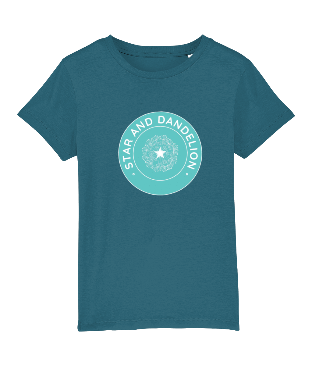 A photograph of a teal tshirt with a Star and Dandelion logo