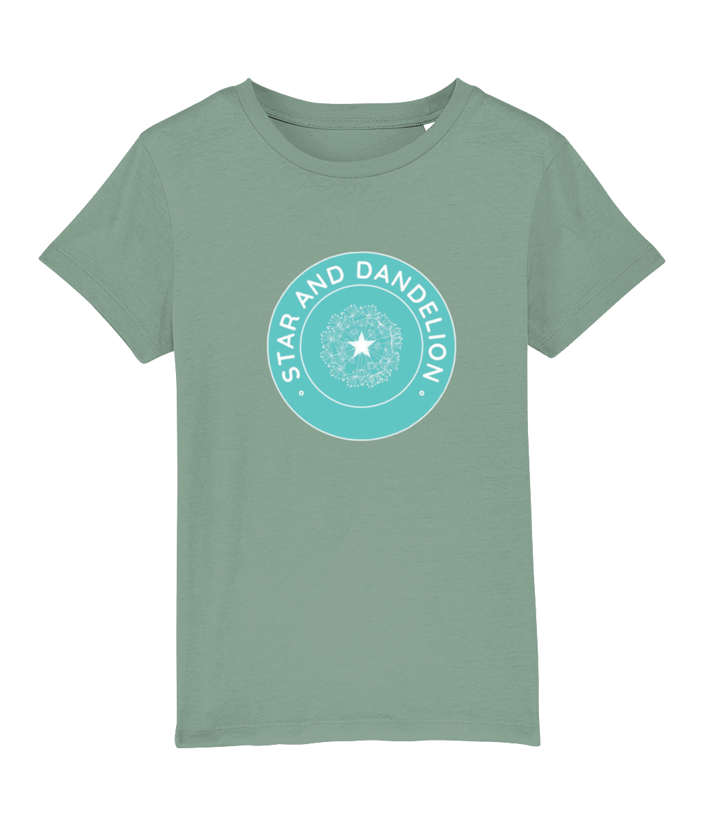 A photograph of a moss tshirt with a Star and Dandelion logo