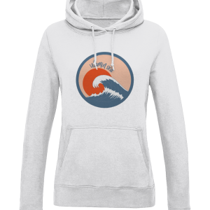 A photo of a ladies hoodie with a round Vitamin Sea design featuring a large wave in front of a low orange sun, in ash