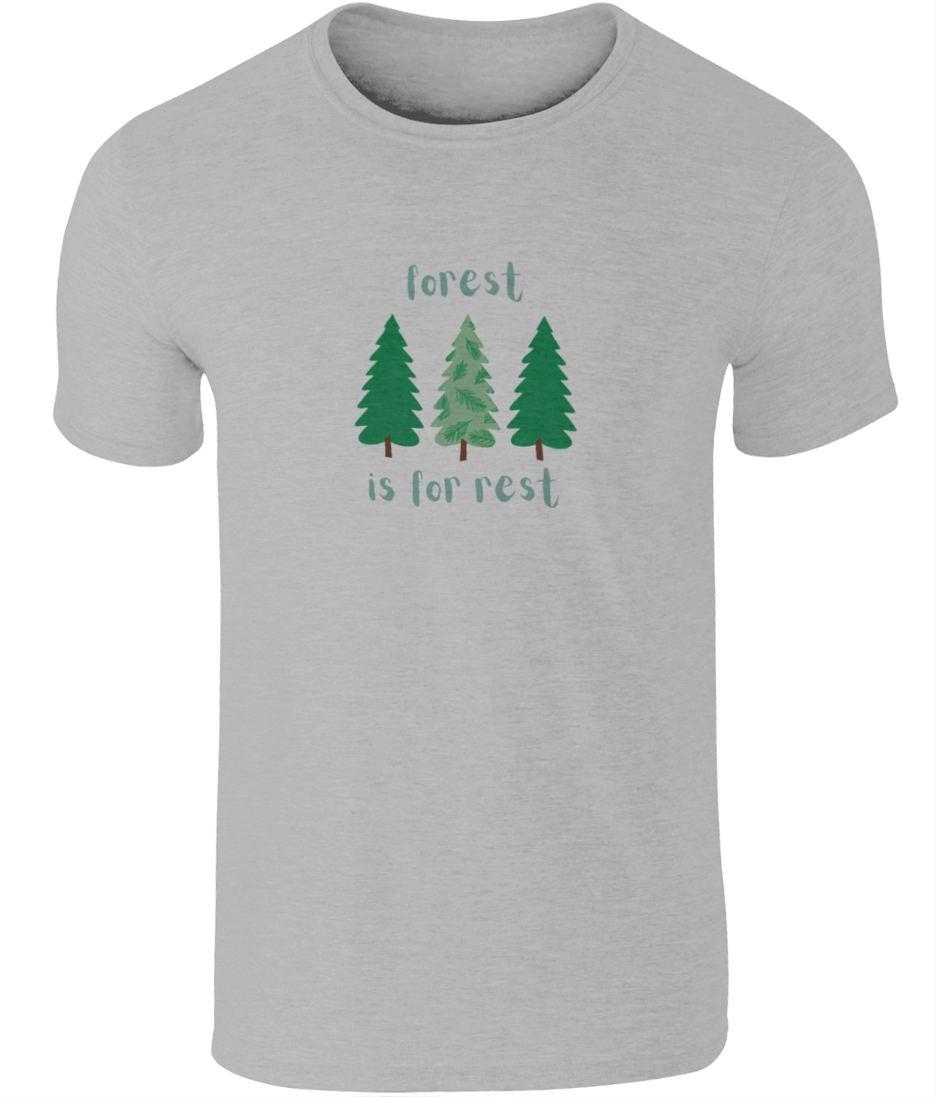 An image of a mens t-shirt with a Forest is For Rest design featuring 3 trees in a row in sports grey