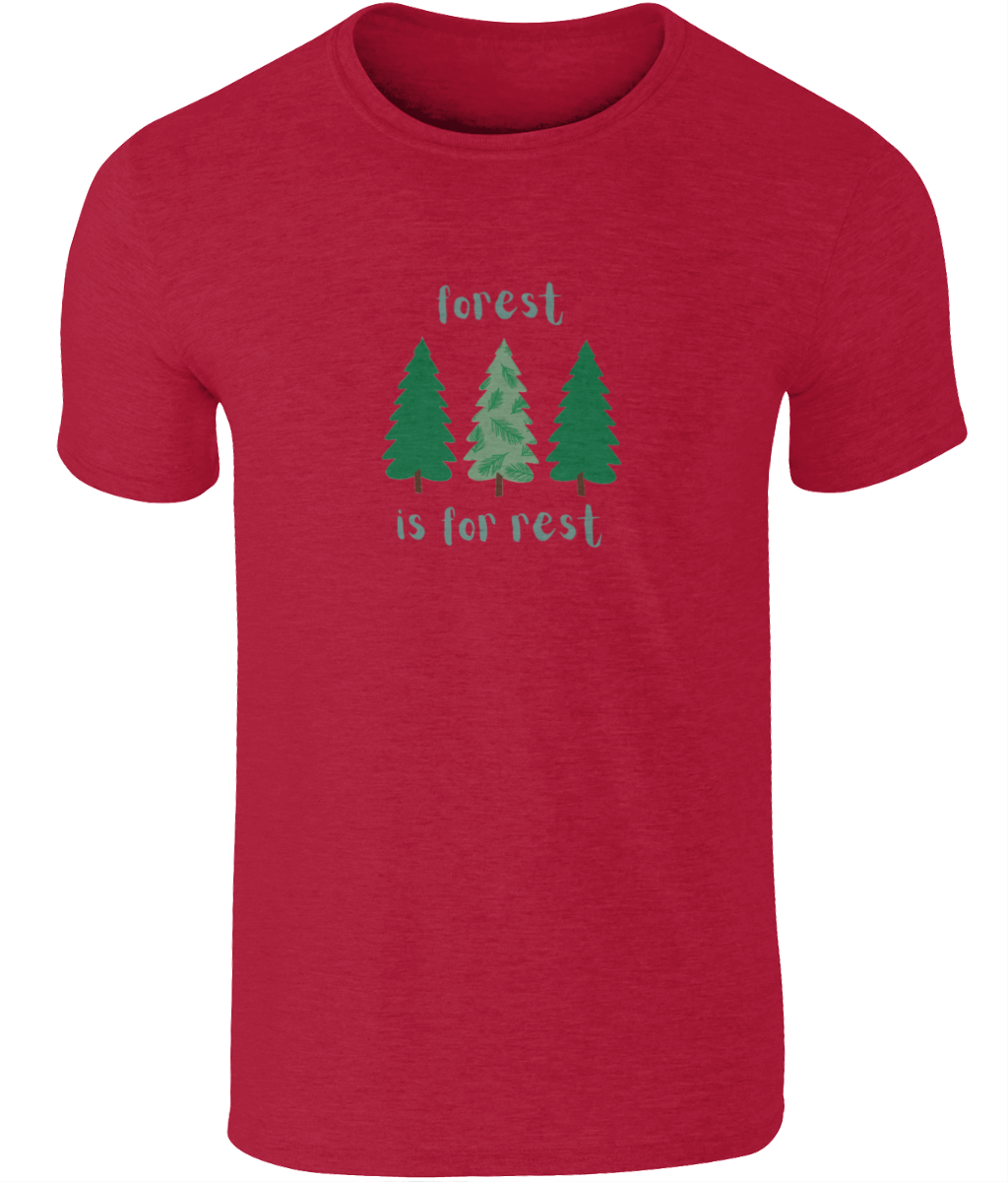 An image of a mens t-shirt with a Forest is For Rest design featuring 3 trees in a row in Cherry Red