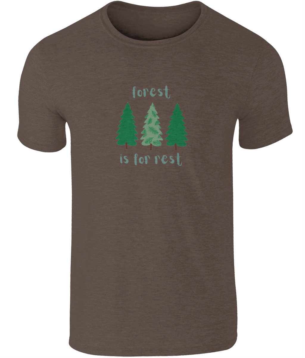 An image of a mens t-shirt with a Forest is For Rest design featuring 3 trees in a row in dark chocolate