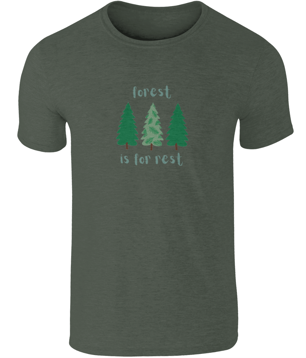 An image of a mens t-shirt with a Forest is For Rest design featuring 3 trees in a row in Military Green