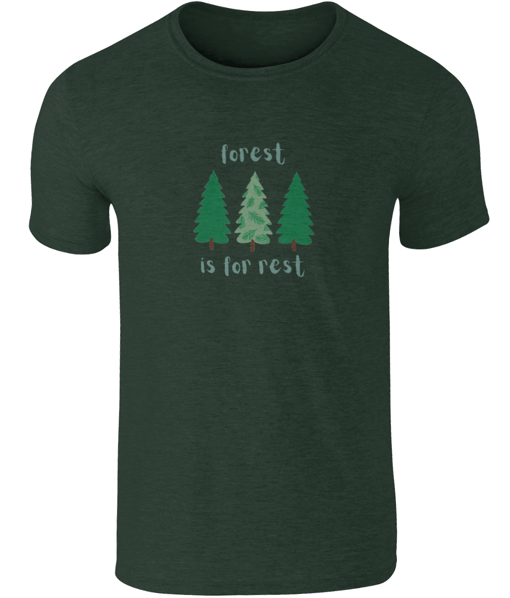 An image of a mens t-shirt with a Forest is For Rest design featuring 3 trees in a row in forest