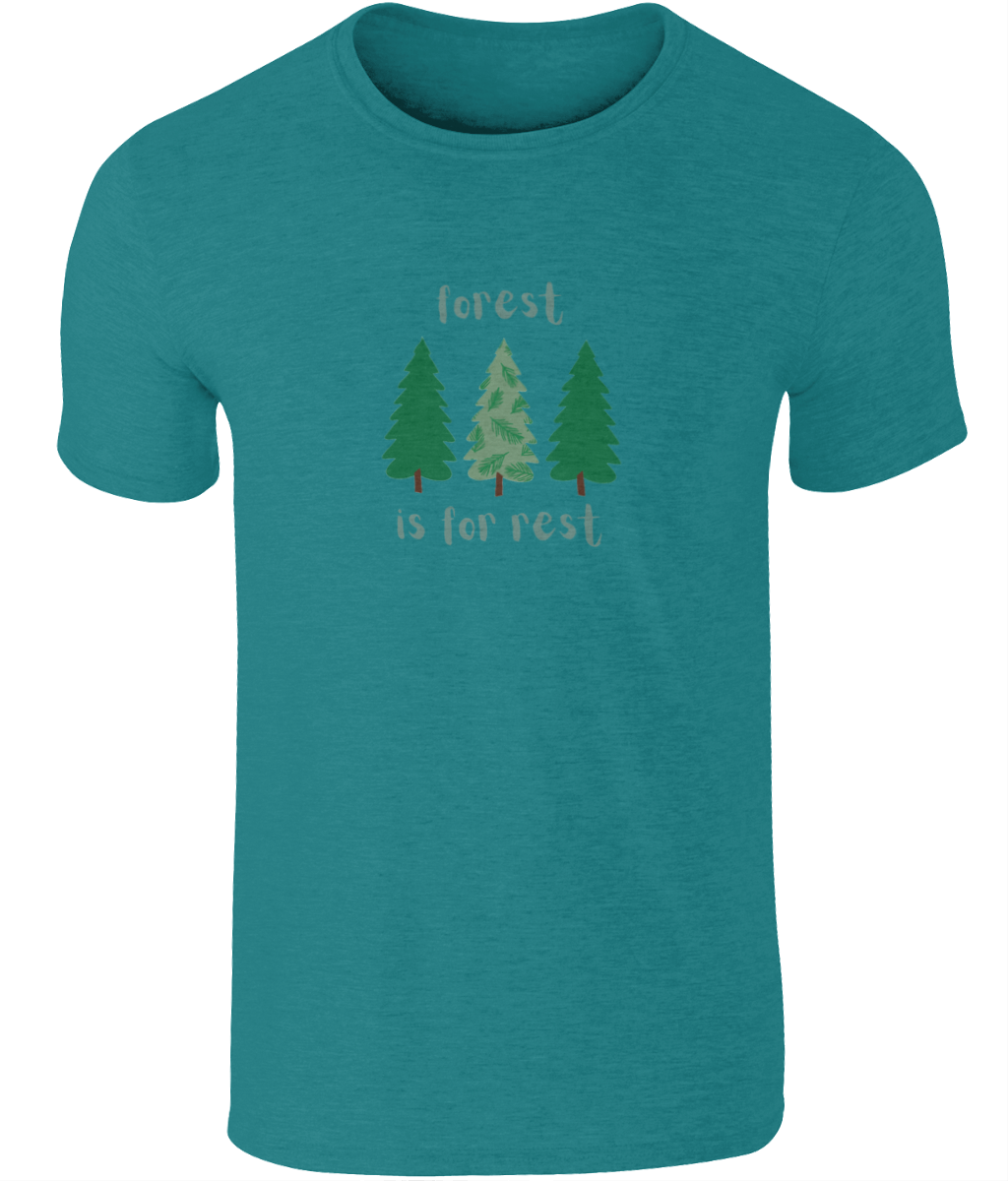 An image of a mens t-shirt with a Forest is For Rest design featuring 3 trees in a row in antique sapphire
