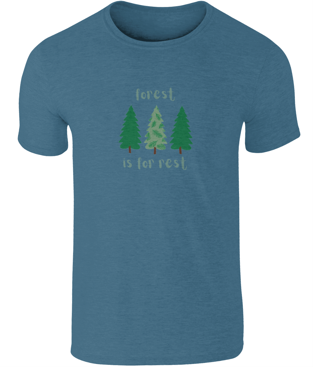 An image of a mens t-shirt with a Forest is For Rest design featuring 3 trees in a row in Indigo Blue
