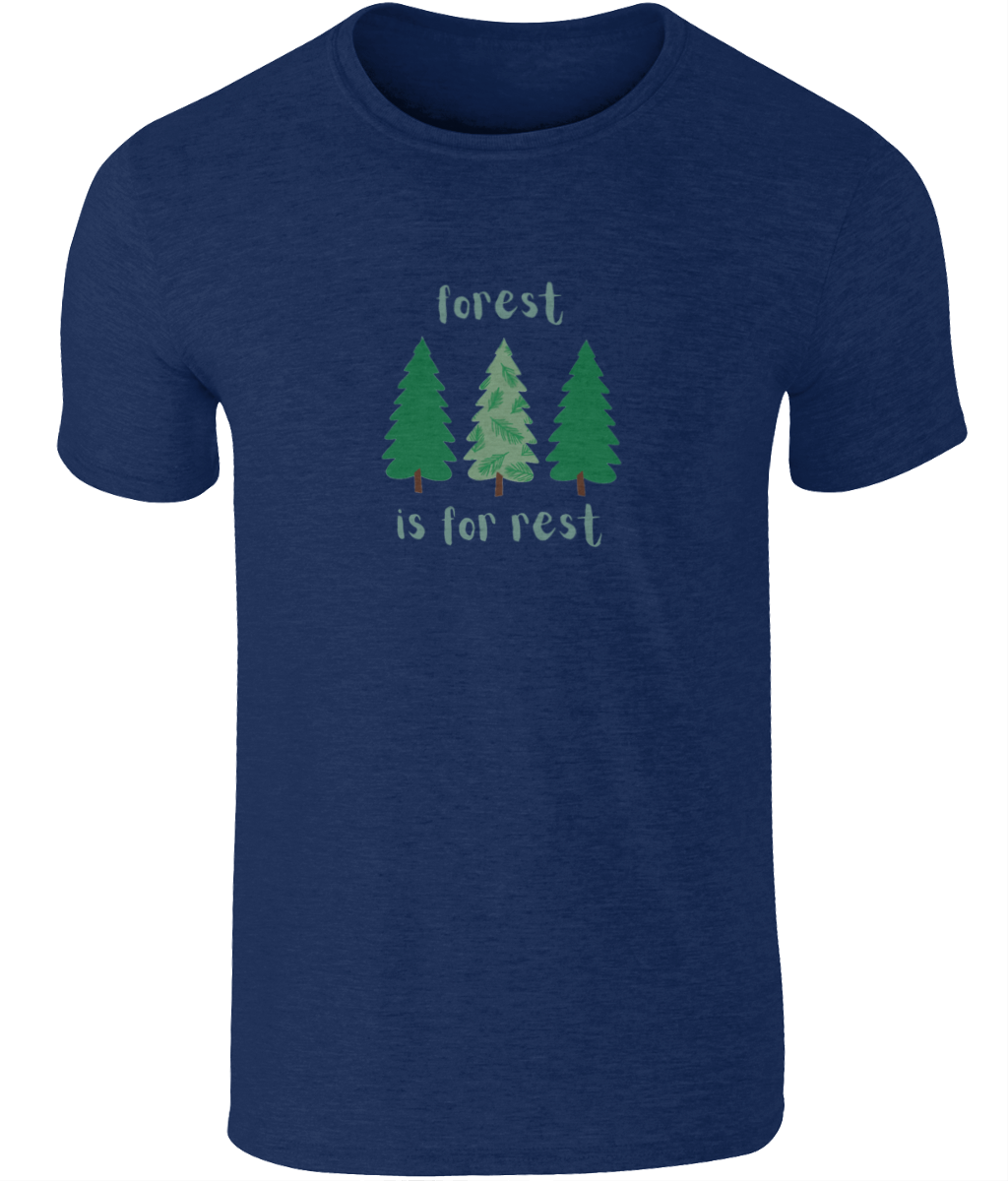 An image of a mens t-shirt with a Forest is For Rest design featuring 3 trees in a row in navy