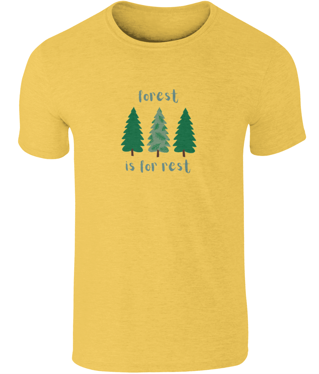 An image of a mens t-shirt with a Forest is For Rest design featuring 3 trees in a row in daisy