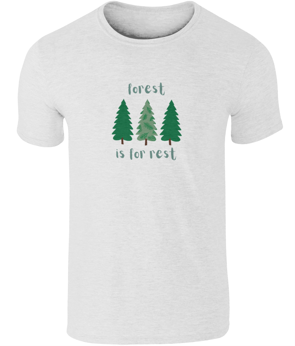 An image of a mens t-shirt with a Forest is For Rest design featuring 3 trees in a row in white