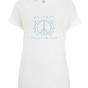 an image of a ladies rolled sleeve tunic t-shirt with a Protect Your Peace design in white