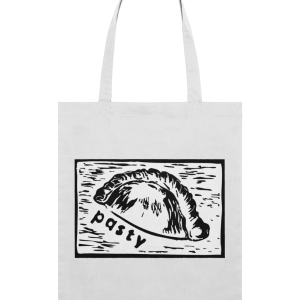 a photograph on a white background of a light tote bag in white featuring a Cornish pasty linocut design