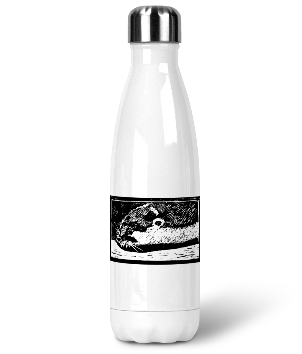 a photograph on a white background of a white stainless drinks bottle featuring an otter linocut design